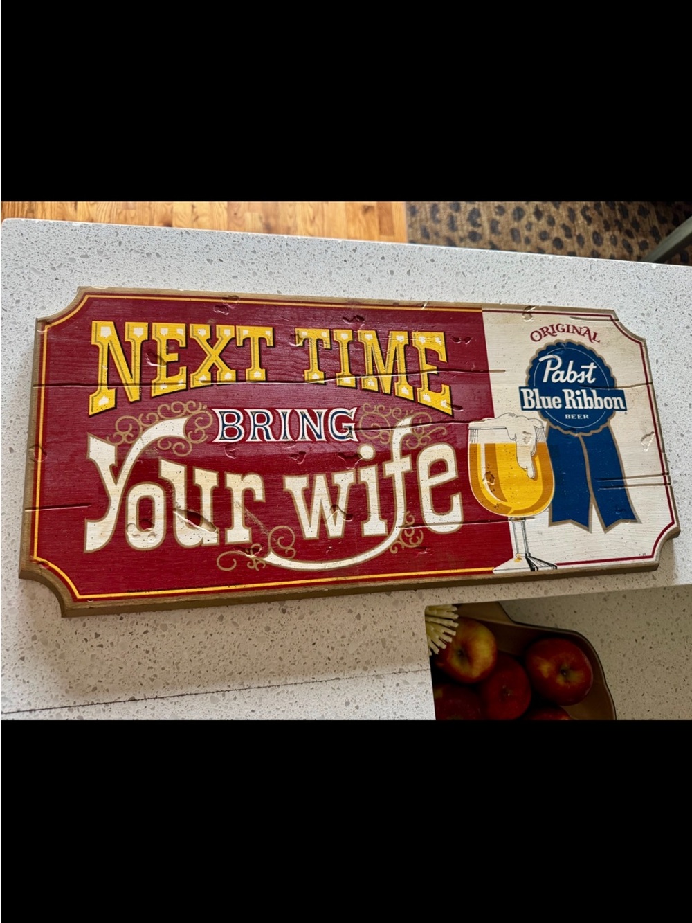 1970s Vibtahe Pabst Blue Ribbon Red "Next Time Bring Your Wife" Wall Sign